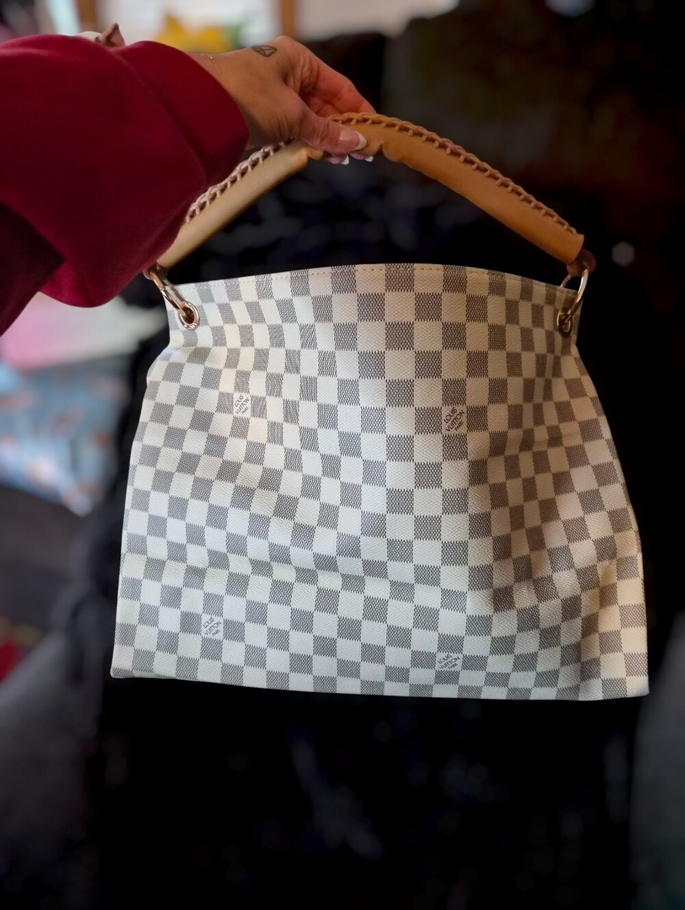 Checkered Artsy Style Tote Bag with Braided Handle